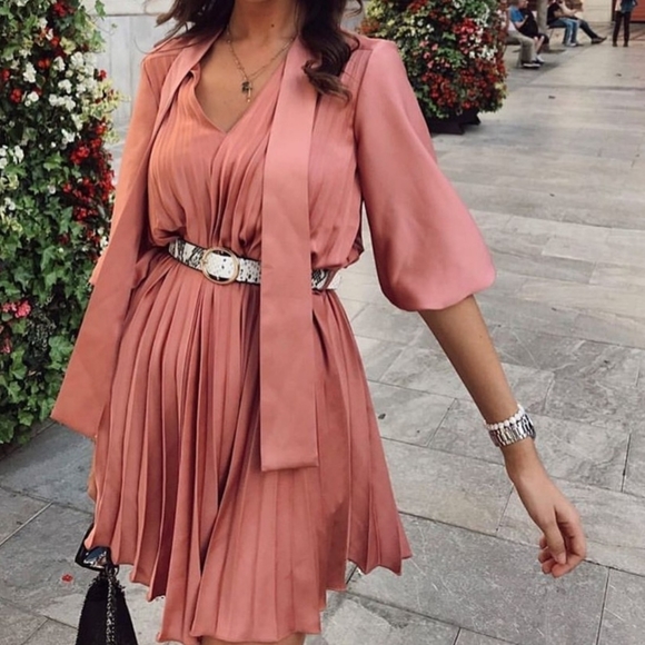 Zara Dresses & Skirts - Zara Blush pleated dress with a pussy bow size Medium